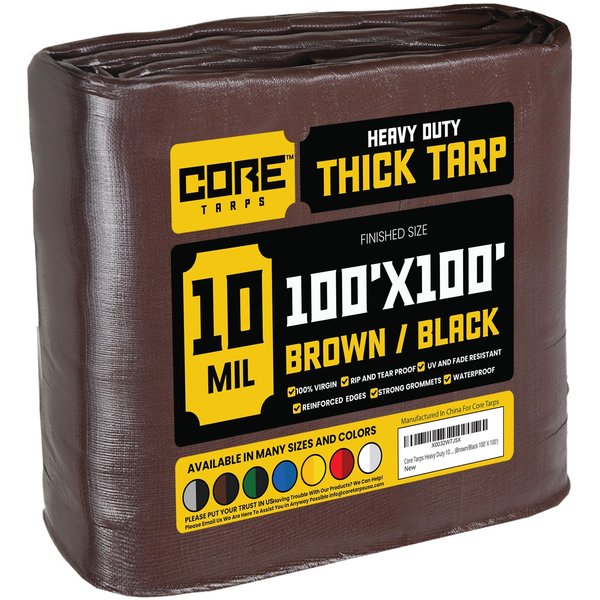 Core Tarps 100 ft L x 0.5 mm H x 100 ft W Heavy Duty 10 Mil Tarp, Brown/Black, Polyethylene CT-602-100X100